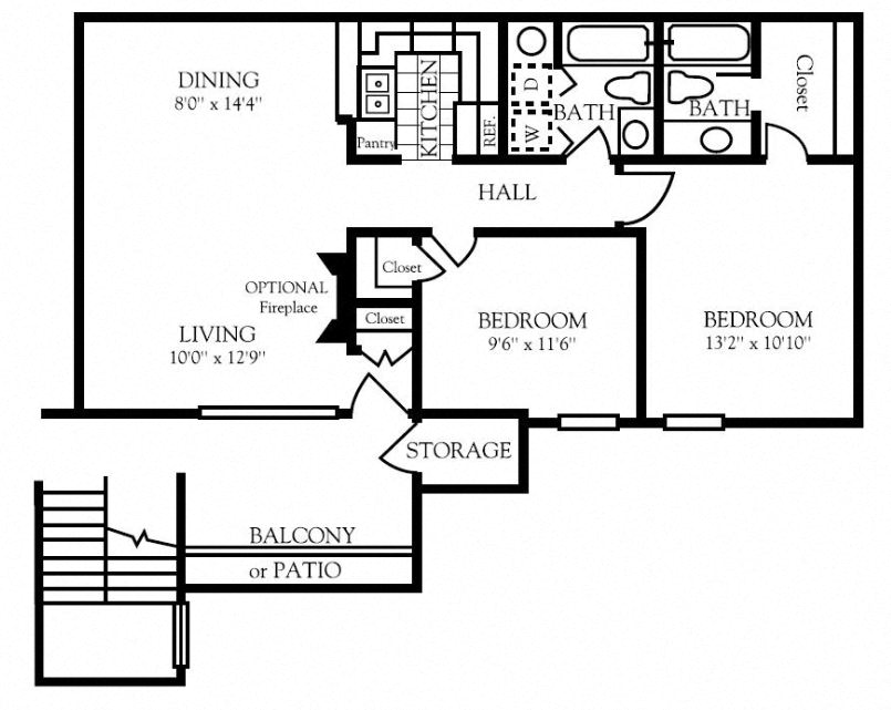 Floor plan for 2 beds, 2 baths, 924 sqft